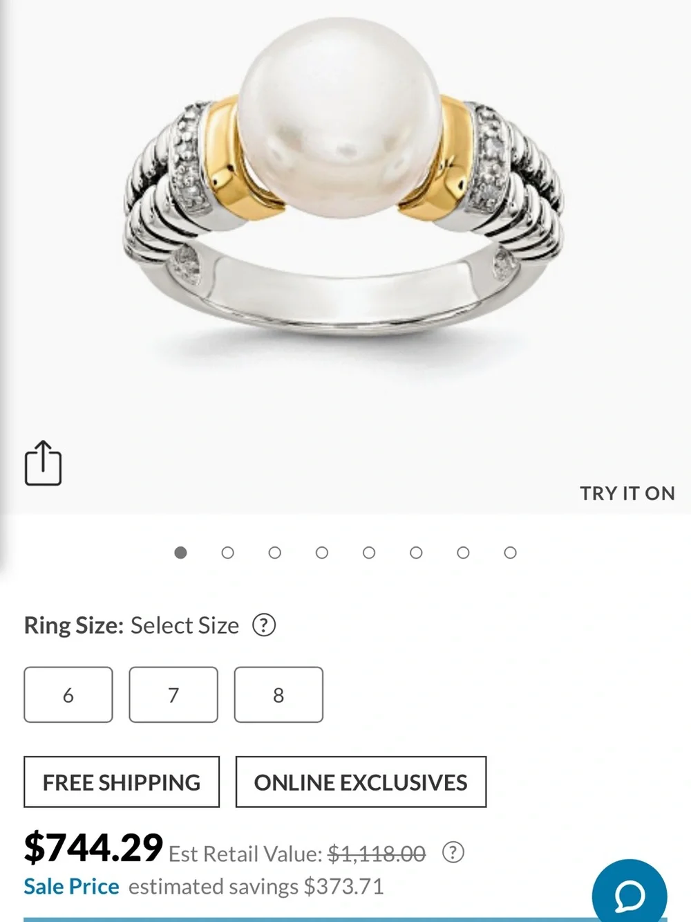Sterling Silver With 14K Gold Accent Diamond and Fresh Water Pearl Ring Size7.25